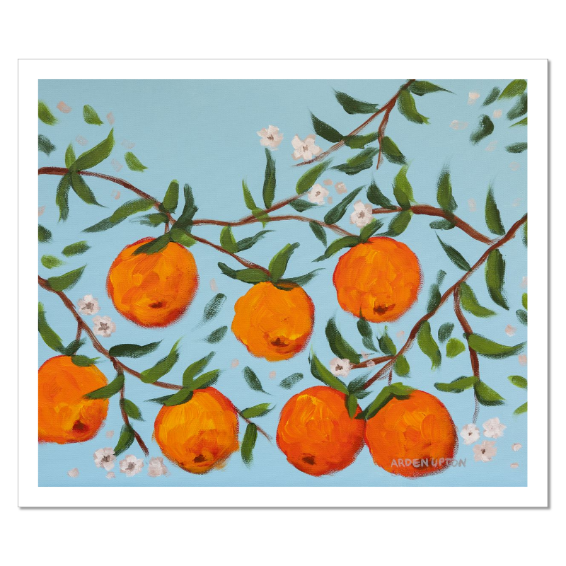 A ready to hang, framed giclee art print featuring a painting of oranges on a tree with white flowers and a blue sky background by Arden Upton from her Orangerie Collection. Art for Gallery walls, kitchens, bright and happy spaces