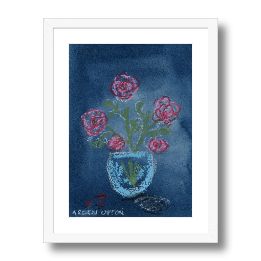 A framed fine art giclée print of a mixed media painting with vibrant colors of blue red, green and pink and a floral motif, a piece from Arden Upton's Flowers that Last collection
