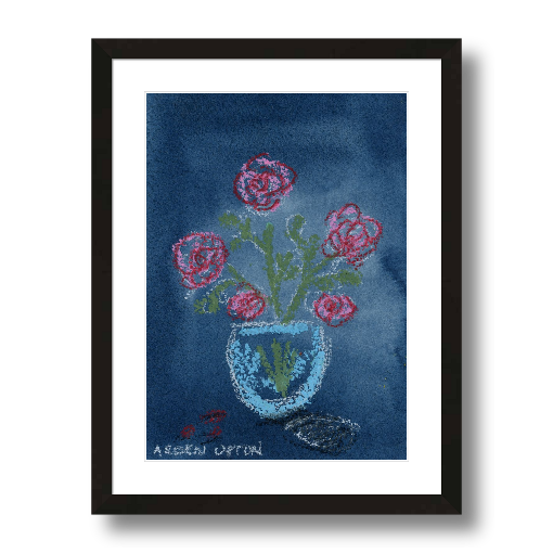A framed fine art giclée print of a mixed media painting with vibrant colors of blue red, green and pink and a floral motif, a piece from Arden Upton's Flowers that Last collection