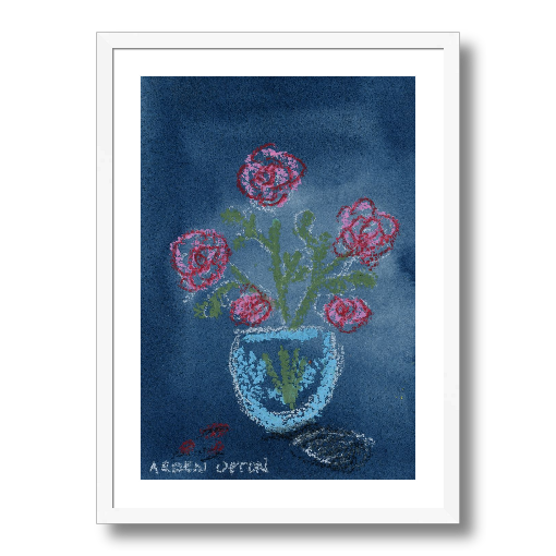 A framed fine art giclée print of a mixed media painting with vibrant colors of blue red, green and pink and a floral motif, a piece from Arden Upton's Flowers that Last collection