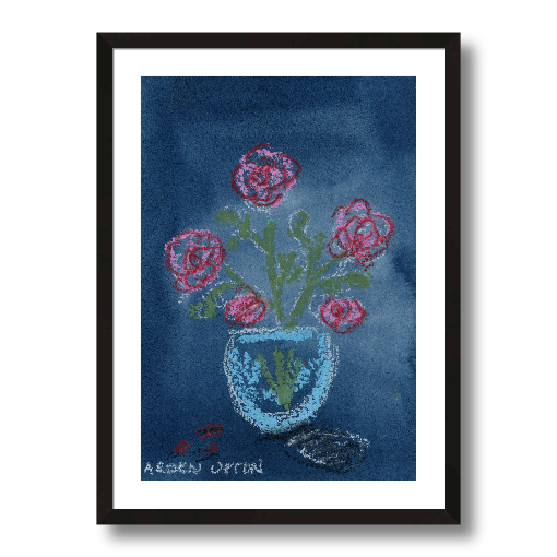 A framed fine art giclée print of a mixed media painting with vibrant colors of blue red, green and pink and a floral motif, a piece from Arden Upton's Flowers that Last collection