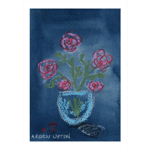 A framed fine art giclée print of a mixed media painting with vibrant colors of blue red, green and pink and a floral motif, a piece from Arden Upton's Flowers that Last collection