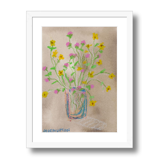 A framed giclee print from Arden Upton's Flowers that Last collection featuring artwork of a vase with colorful pink and yellow flowers with green leaves with visible brush strokes and vibrant colors. Great as a stand alone piece or as part of gallery wall