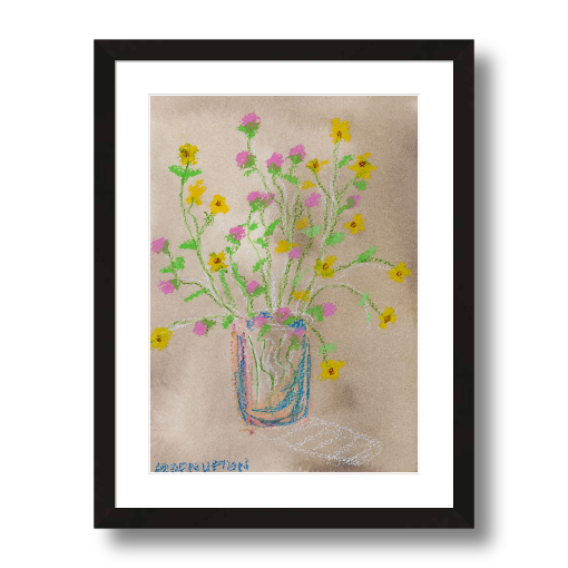 A framed giclee print from Arden Upton's Flowers that Last collection featuring artwork of a vase with colorful pink and yellow flowers with green leaves with visible brush strokes and vibrant colors. Great as a stand alone piece or as part of gallery wall