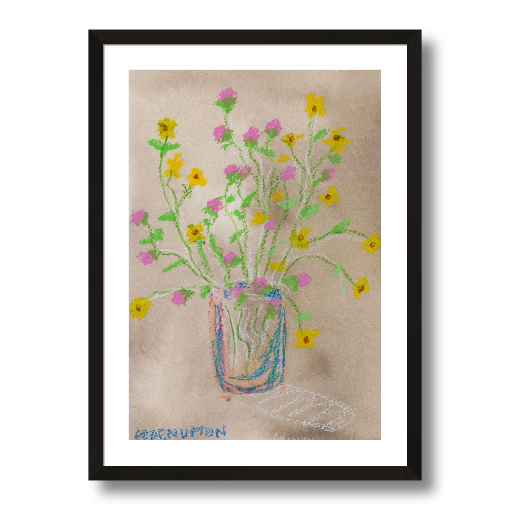 A framed giclee print from Arden Upton's Flowers that Last collection featuring artwork of a vase with colorful pink and yellow flowers with green leaves with visible brush strokes and vibrant colors. Great as a stand alone piece or as part of gallery wall