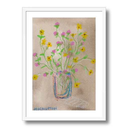 A framed giclee print from Arden Upton's Flowers that Last collection featuring artwork of a vase with colorful pink and yellow flowers with green leaves with visible brush strokes and vibrant colors. Great as a stand alone piece or as part of gallery wall