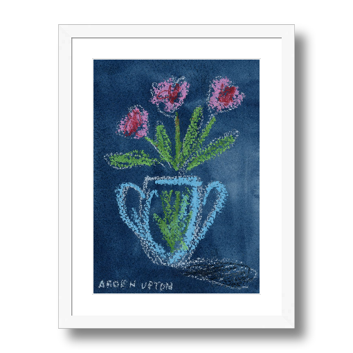 A giclée print of a mixed media painting featuring a blue vase with pink and green flowers. A piece from Arden Upton's Flowers that Last Collection great as a stand alone or as part of gallery wall