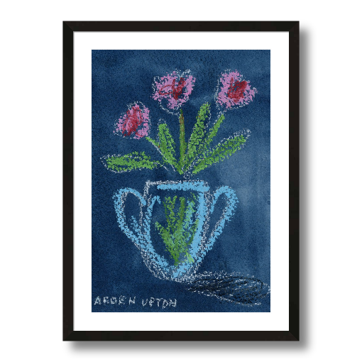 A giclée print of a mixed media painting featuring a blue vase with pink and green flowers. A piece from Arden Upton's Flowers that Last Collection great as a stand alone or as part of gallery wall