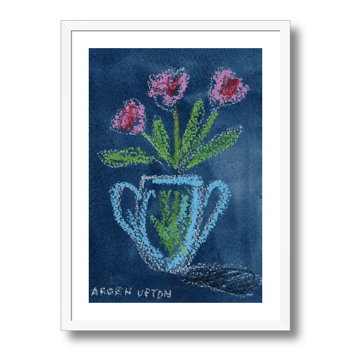A giclée print of a mixed media painting featuring a blue vase with pink and green flowers. A piece from Arden Upton's Flowers that Last Collection great as a stand alone or as part of gallery wall