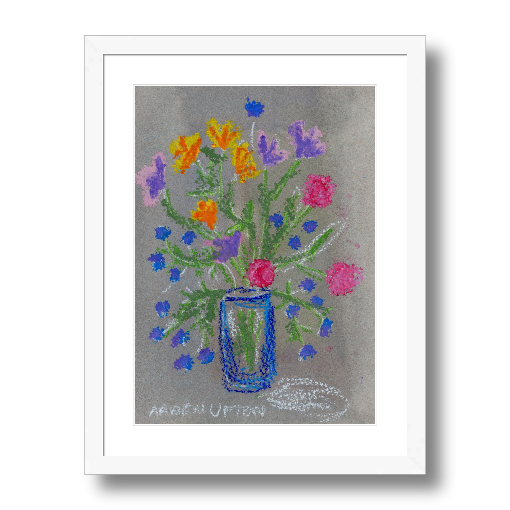 A framed fine art giclée print of a mixed media painting featuring a vase with colorful flowers.
