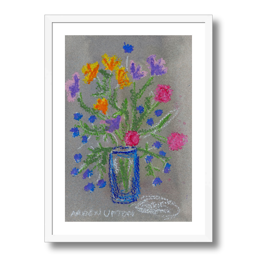 A framed, ready to hang fine art giclée print of a mixed media painting featuring a vase with colorful pink, yellow, blue and purple flowers. Perfect for bedrooms, living rooms, and other cozy spaces