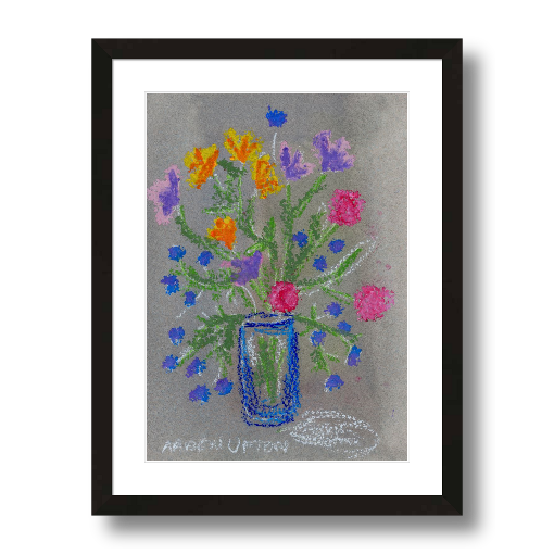 A framed fine art giclée print of a mixed media painting featuring a vase with colorful pink, purple, blue and yellow flowers. A beautiful botanical painting from Arden Upton's Flowers that Last collection, perfect for Living rooms, bedrooms, and other cozy spaces