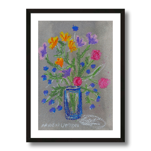 A framed fine art giclée print of a mixed media painting featuring a vase with colorful pink, purple, blue and yellow flowers. A beautiful botanical painting from Arden Upton's Flowers that Last collection, perfect for Living rooms, bedrooms, and other cozy spaces