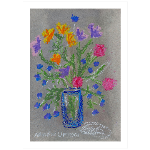 A framed fine art giclée print of a mixed media painting featuring a vase with colorful pink, purple, blue and yellow flowers. A beautiful botanical painting from Arden Upton's Flowers that Last collection, perfect for Living rooms, bedrooms, and other cozy spaces