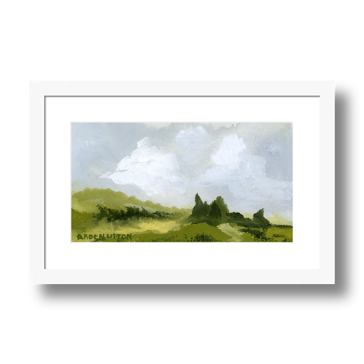 A framed, ready to hang giclee print of green trees and rolling hills with blue sky and white clouds. From an original painting from Arden Upton's Blue Skies Collection. Great for decorating living room, bedroom and hallway walls in your home and gifting