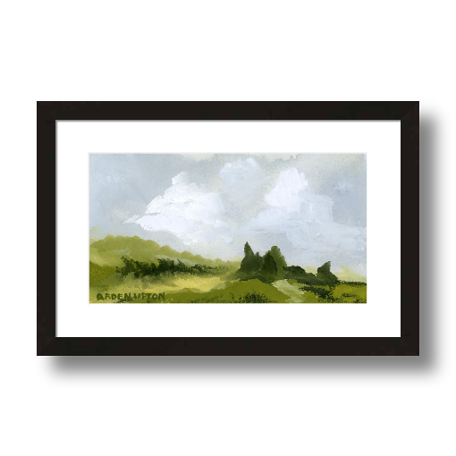 A framed, ready to hang giclee print of green trees and rolling hills with blue sky and white clouds. From an original painting from Arden Upton's Blue Skies Collection. Great for decorating living room, bedroom and hallway walls in your home and gifting