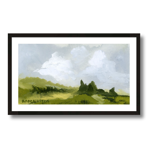 A framed, ready to hang giclee print of green trees and rolling hills with blue sky and white clouds. From an original painting from Arden Upton's Blue Skies Collection. Great for decorating living room, bedroom and hallway walls in your home and gifting