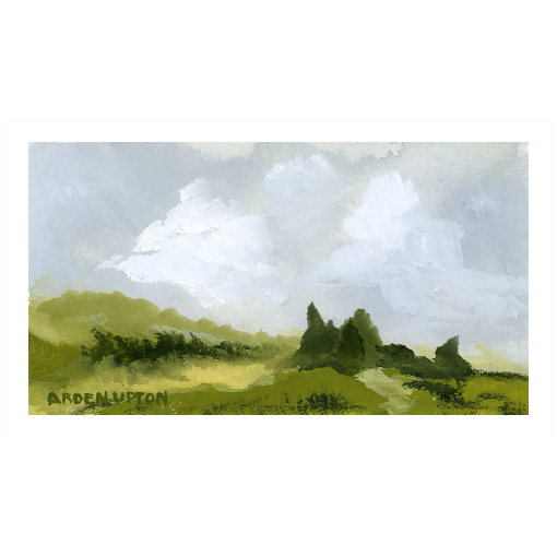 A framed, ready to hang giclee print of green trees and rolling hills with blue sky and white clouds. From an original painting from Arden Upton's Blue Skies Collection. Great for decorating living room, bedroom and hallway walls in your home and gifting