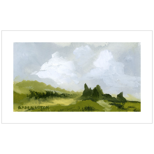A framed, ready to hang giclee print of green trees and rolling hills with blue sky and white clouds. From an original painting from Arden Upton's Blue Skies Collection. Great for decorating living room, bedroom and hallway walls in your home and gifting