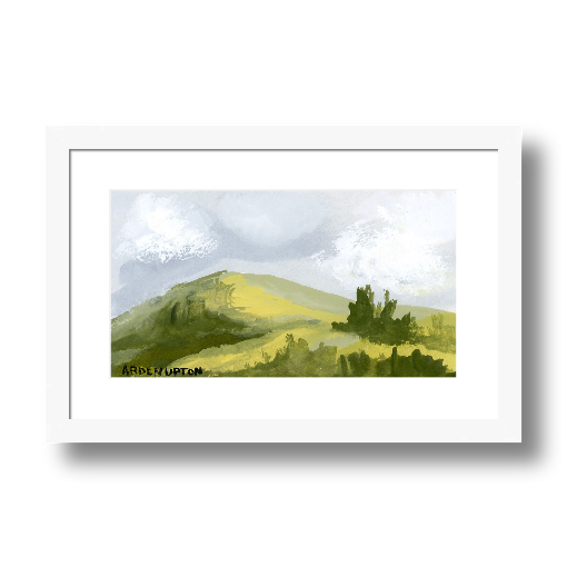 A framed, ready to hang giclee print of green trees and rolling hills with blue sky and white clouds. An original painting from Arden Upton's Blue Skies Collection. Great for decorating living room, bedroom and hallway walls in your home and gifting