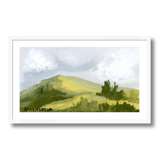 A framed, ready to hang giclee print of green trees and rolling hills with blue sky and white clouds. From an original painting from Arden Upton's Blue Skies Collection. Great for decorating living room, bedroom and hallway walls in your home and gifting
