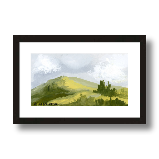 A framed, ready to hang giclee print of green trees and rolling hills with blue sky and white clouds. From an original painting from Arden Upton's Blue Skies Collection. Great for decorating living room, bedroom and hallway walls in your home and gifting