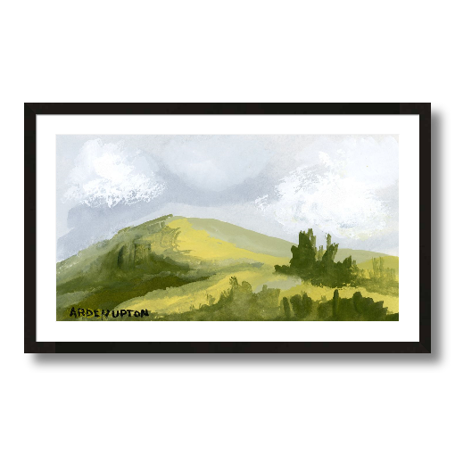 A framed, ready to hang giclee print of green trees and rolling hills with blue sky and white clouds. From an original painting from Arden Upton's Blue Skies Collection. Great for decorating living room, bedroom and hallway walls in your home and gifting