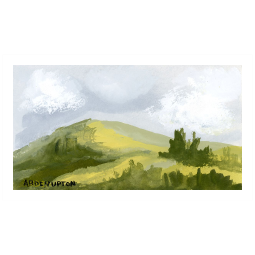 A framed, ready to hang giclee print of green trees and rolling hills with blue sky and white clouds. From an original painting from Arden Upton's Blue Skies Collection. Great for decorating living room, bedroom and hallway walls in your home and gifting