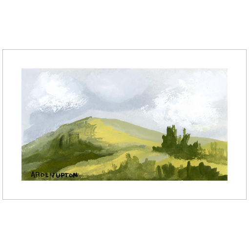 A framed, ready to hang giclee print of green trees and rolling hills with blue sky and white clouds. From an original painting from Arden Upton's Blue Skies Collection. Great for decorating living room, bedroom and hallway walls in your home and gifting