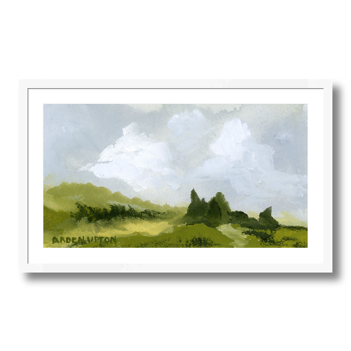 A framed, ready to hang giclee print of green trees and rolling hills with blue sky and white clouds. From an original painting from Arden Upton's Blue Skies Collection. Great for decorating living room, bedroom and hallway walls in your home and gifting
