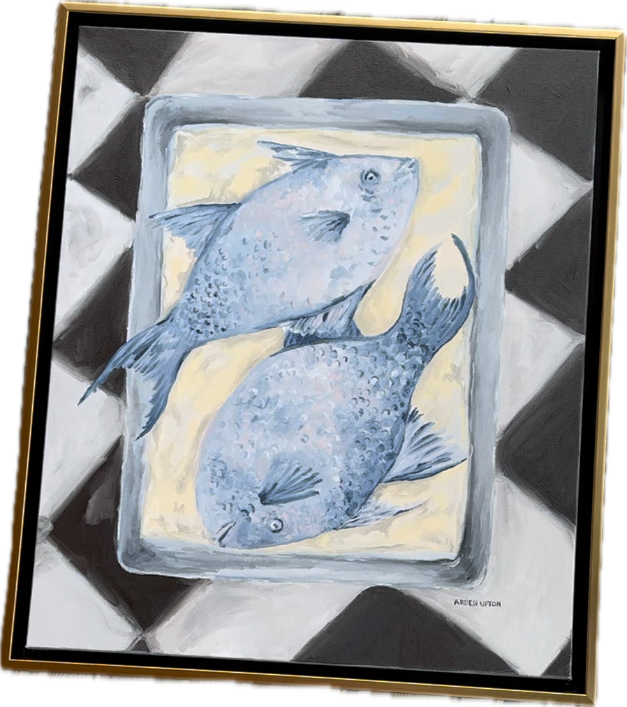 A close up of Southern Artist Arden Upton's Blue Fish painting from her Frank's Table Collection featuring two blue fish on. silver pan on a black and white checkered table cloth. Perfect for gallery walls, kitchens, dining rooms and breakfast nooks. 