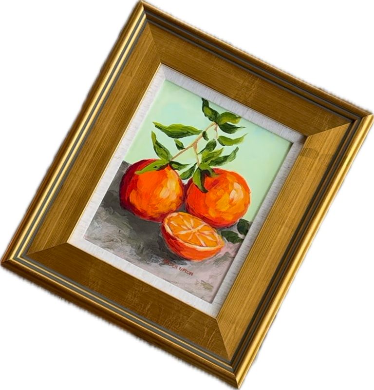 Southern Artist Arden Upton's No Orange Thing Original painting in a linen lined gold frame featuring two and a half oranges with an orange branch stem. The oranges are sitting on a grey table against a lime green background. Perfect for kitchens and dining rooms, as well as gallery walls 