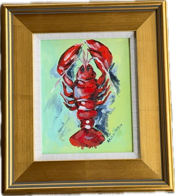 Southern Artist Arden Upton's original Lobster painting from her Frank's Table Collection framed in a linen lined gold frame featuring a detailed red lobster with grey and black shadows on a lime green background. Great for gallery walls and gathering spaces. 
