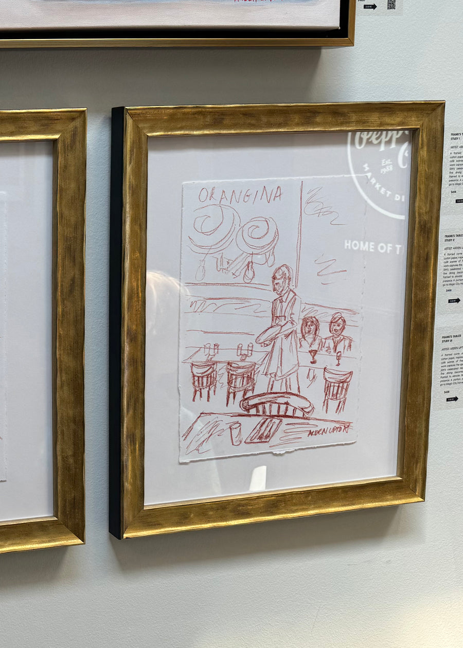 A sketch from Arden Upton's Frank's Table collection featuring a look inside the restaurant as guests sit at a table, a server prepares and table are set.  This sketch makes an elegant statement in kitchens, dining rooms, breakfast nooks, or entertaining spaces.