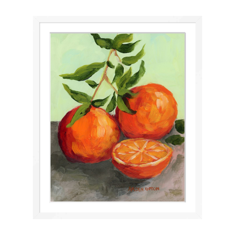 Fine art gallery wall prints by Southern artist Arden Upton -Still Life Oranges painting in orange and red on lime green, framed in white or black.