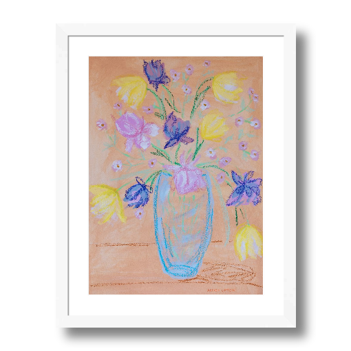 A framed fine art giclée print of a mixed media painting with vibrant colors of blue, purple, yellow, green and pink flowers in a blue vase, a piece from Arden Upton's Flowers that Last collection