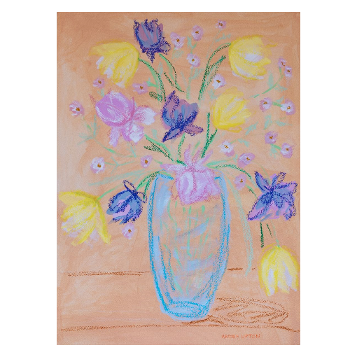 A framed fine art giclée print of a mixed media painting with vibrant colors of blue, purple, yellow, green and pink flowers in a blue vase, a piece from Arden Upton's Flowers that Last collection