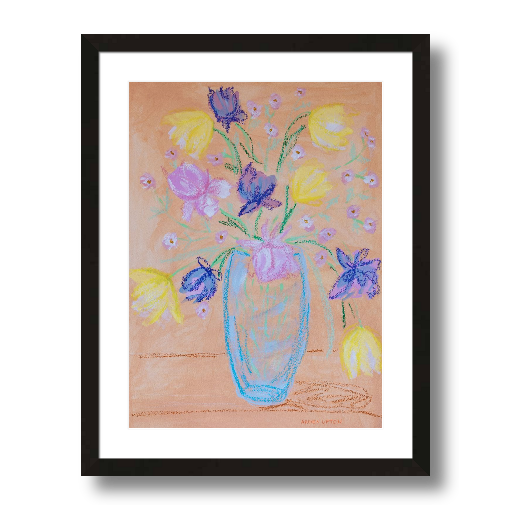 A framed fine art giclée print of a mixed media painting with vibrant colors of blue, purple, yellow, green and pink flowers in a blue vase, a piece from Arden Upton's Flowers that Last collection