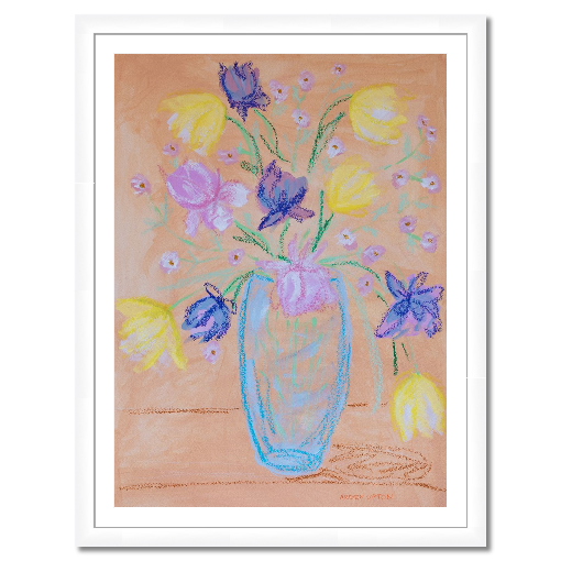 A framed fine art giclée print of a mixed media painting with vibrant colors of blue, purple, yellow, green and pink flowers in a blue vase, a piece from Arden Upton's Flowers that Last collection