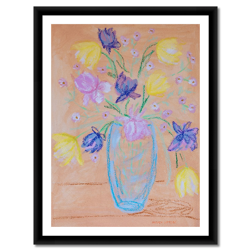 A framed fine art giclée print of a mixed media painting with vibrant colors of blue, purple, yellow, green and pink flowers in a blue vase, a piece from Arden Upton's Flowers that Last collection