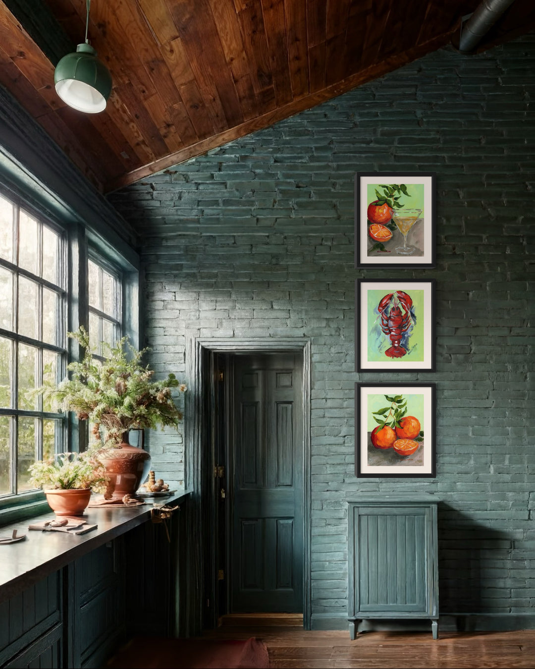 Kitchen gallery wall décor – foodie art prints paintings with oranges, martini, and lobster in orange, red, and lime green, framed in black or white