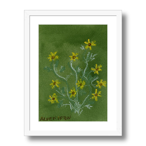 A framed fine art giclée print of a mixed media painting with yellow flowers on a green background. A piece of artwork from Arden Upton's Flower that Last Collection