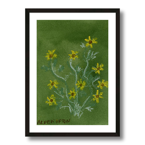 A framed fine art giclée print of a mixed media painting with yellow flowers on a green background. A piece of artwork from Arden Upton's Flower that Last Collection