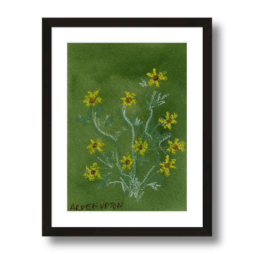 A framed fine art giclée print of a mixed media painting with yellow flowers on a green background. A piece of artwork from Arden Upton's Flower that Last Collection