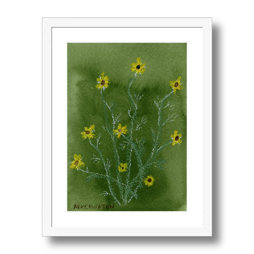 A framed fine art giclée print of a mixed media painting with yellow flowers on a green background. A piece of artwork from Arden Upton's Flower that Last Collection