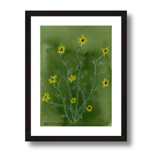 A framed fine art giclée print of a mixed media painting with yellow flowers on a green background. A piece of artwork from Arden Upton's Flower that Last Collection