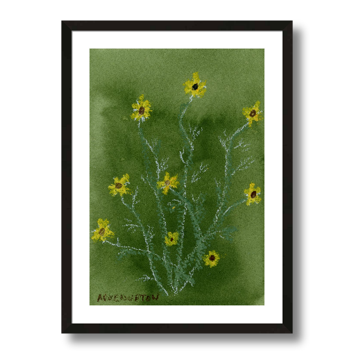 A framed fine art giclée print of a mixed media painting with yellow flowers on a green background. A piece of artwork from Arden Upton's Flower that Last Collection