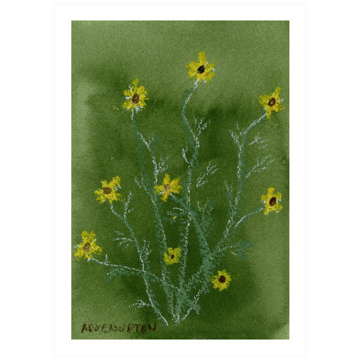 A framed fine art giclée print of a mixed media painting with yellow flowers on a green background. A piece of artwork from Arden Upton's Flower that Last Collection