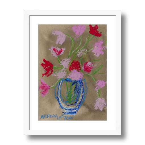 A framed fine art giclée print of a mixed media painting featuring pink and red flowers in a blue vase on a beige background. Part of Arden Upton's Flowers that Last collection 