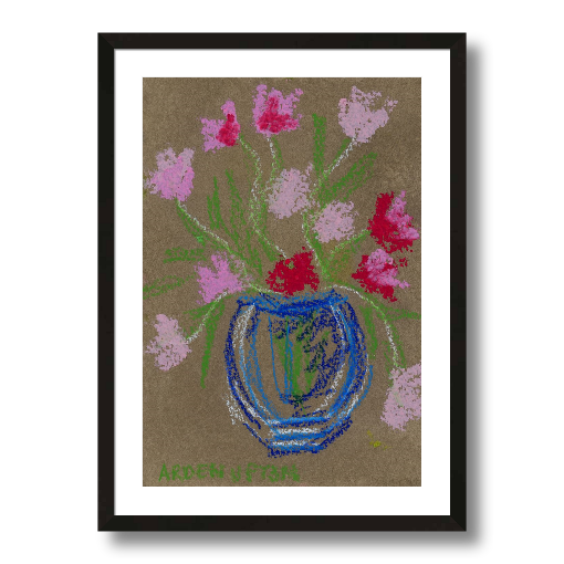 A framed fine art giclée print of a mixed media painting featuring pink and red flowers in a blue vase on a beige background. Part of Arden Upton's Flowers that Last collection 